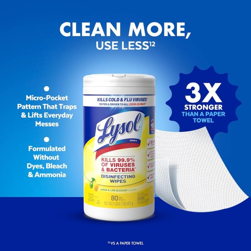 Lysol Disinfectant Wipes Bundle, Multi-Surface Cleaning Wipes, For Disinfecting & Cleaning, contains Lemon & Lime Blossom, Crisp Linen, & Mango & Hibiscus, 3x80 ct, (240 ct Total) - Image 8