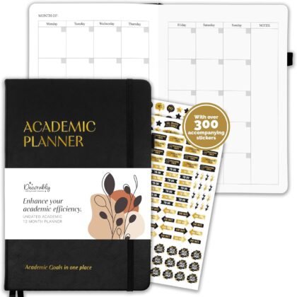 Decorably 12 Months Gold Foiled Undated Monthly and Weekly Academic Planner College with Stickers, 6x8.6in Waterproof Leatherette Hardcover Academic Planner for College Students, High School, Home