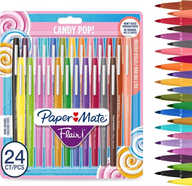 Paper Mate Flair Felt Tip Pens | Medium Point (0.7 mm) Marker Pens | Assorted Candy Pop Colouring Pens | for Kids & Adult Colouring, Journalling & More | 24 Count