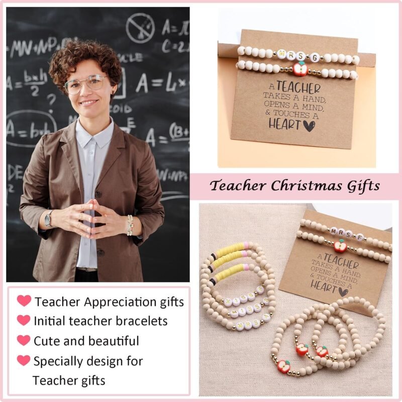 Personalized Teacher Bracelet for Women, 2 Pcs Initial Mrs Miss Ms Teacher Appreciation Gifts With Card From Student Friends, Thank You TEACH Gift for Women - Image 2