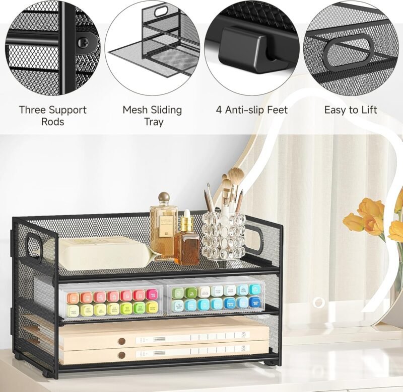 Subekyu 3 Tier Paper Letter Tray Organizer for Desk, Black Metal Mesh Desk File Folder Sorter Organizer with Handle and Sliding Tray for Home, Office, School Supplies Organization Storage - Image 6