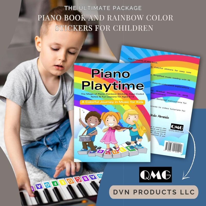 QMG Rainbow Color Piano and Keyboard Sticker and Kids Piano Learning Book Easy to Follow Instructions for Kids, Beginner Piano Book for Children, Easy Piano Sheet Music for Kids - Image 2