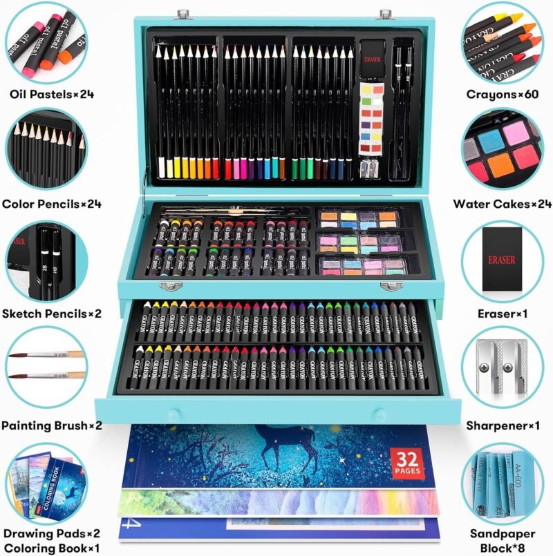 iBayam Art Supplies, 150-Pack Deluxe Wooden Art Set Crafts Drawing Painting Kit with 1 Coloring Book, 2 Sketch Pads, Creative Gift Box for Adults Artist Beginners Kids Girls Boys - Image 3