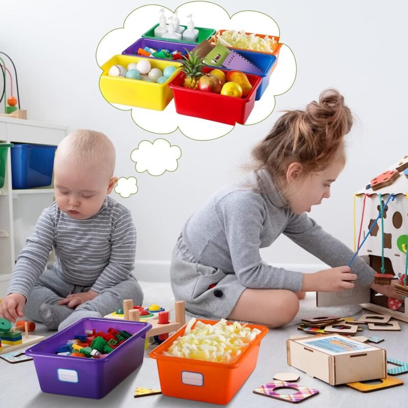 Hoolerry 24 Pcs Plastic Cubby Storage Bins Classroom Cubby Organization with Self Adhesive Labels Bin Small Stackable Storage Containers Toy Book Box for School(11.5 x 7.5 x 5 Inch,Colorful) - Image 4