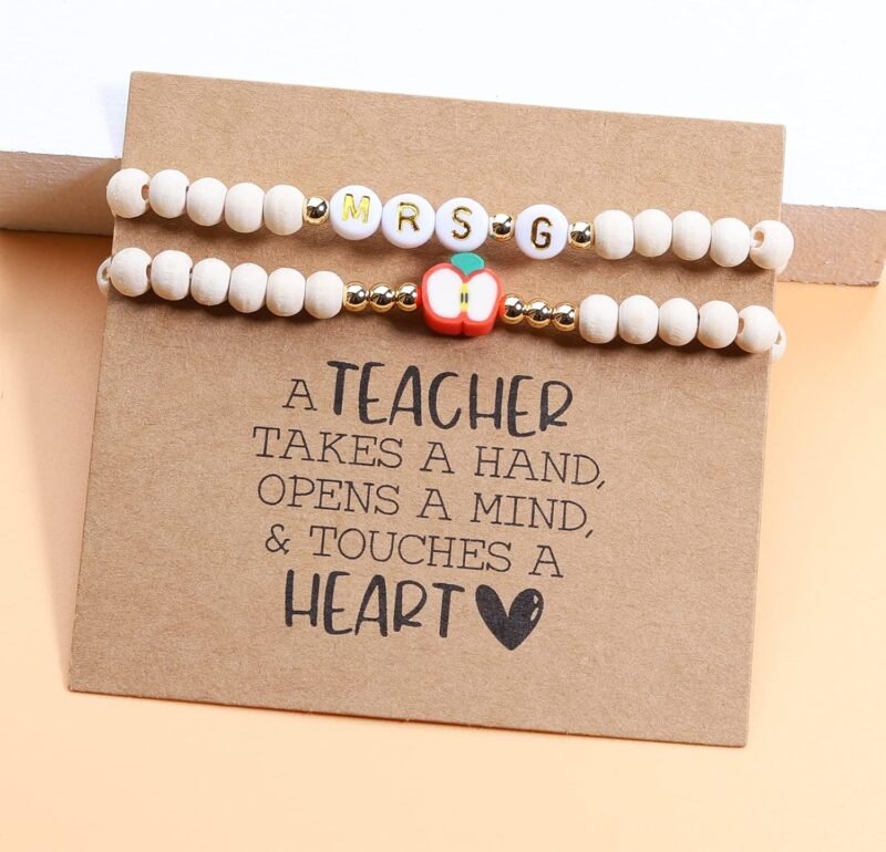 Personalized Teacher Bracelet for Women, 2 Pcs Initial Mrs Miss Ms Teacher Appreciation Gifts With Card From Student Friends, Thank You TEACH Gift for Women - Image 6