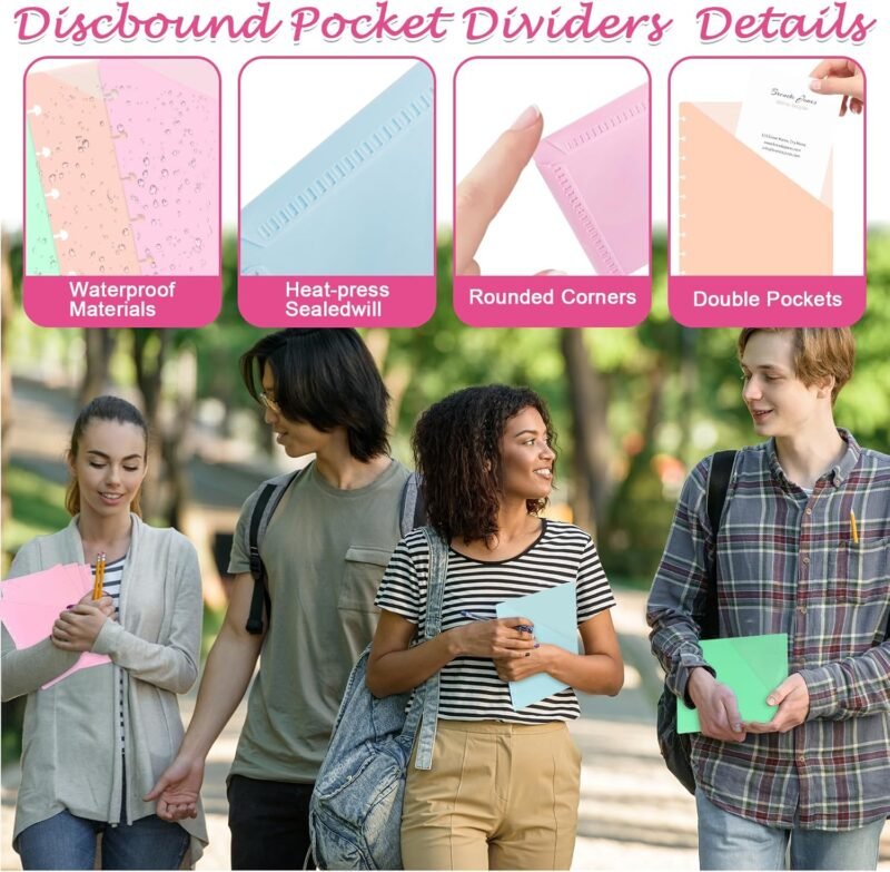5 Pcs 7x9.25 Inch Discbound Pocket Dividers 2 Pocket Paper Discbound Notebook Dividers with Pockets 9 Disc Planner Pocket Inserts Disc Planner Cover Discbound Notebook Accessories for Office - Image 3