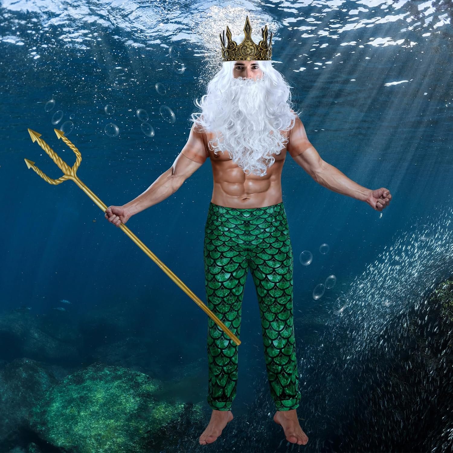 4 Pcs Halloween Poseidon Costumes Deluxe Merman Kit Neptune God of Sea Cosplay for Men - Image 4