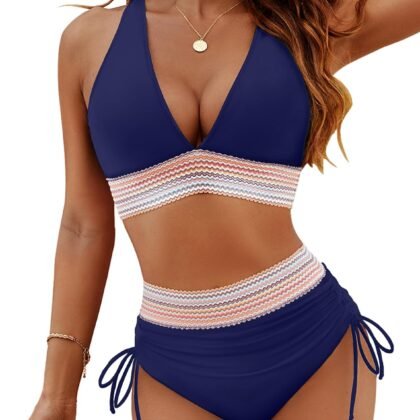 Blooming Jelly Women High Waisted Bikini Sets Tummy Control Swimsuits Color Block Two Piece Drawstring Bathing Suit