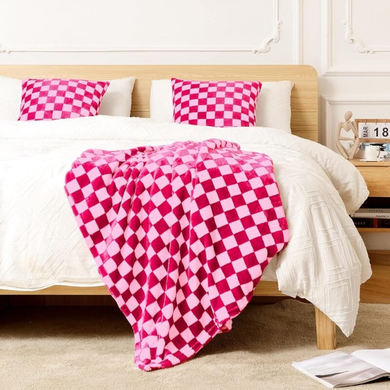 FY FIBER HOUSE Checkered Flannel Fleece Throw Blanket Soft Cozy Checkerboard Grid Print Chessboard Gingham Pattern Blankets for Bed Couch Sofa, 40"x50", Hot Pink - Image 3