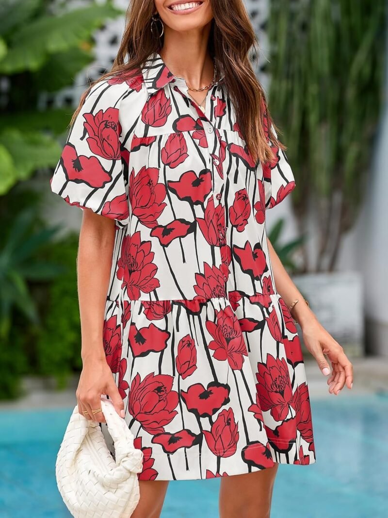 Wenrine Women's Summer Button Down Shirt Dress Floral Puff Short Sleeve Casual Loose Fit Beach Mini Dresses - Image 4