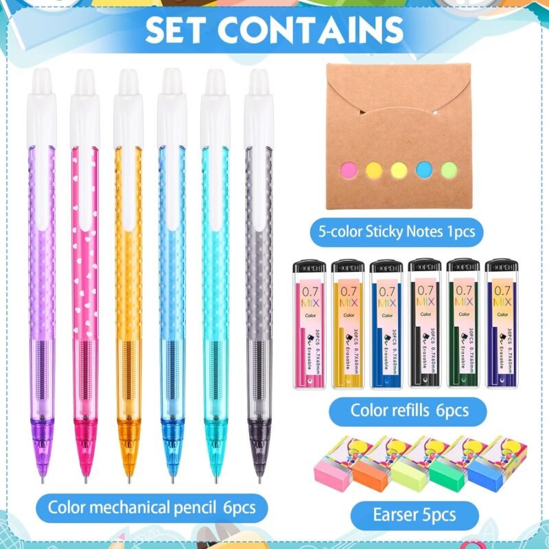 18 Pcs 0.7mm Color Mechanical Pencil Set Include Color Mechanical Pencil Refills Erasers Sticky Notes Stationary Supplies for Writing Drawing Sketching School Office(Light Colors) - Image 3