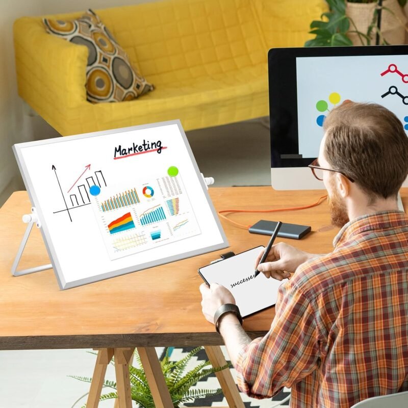DOLLAR BOSS Small White Board with Stand Double-Sided 16" x 12" Magnetic Desktop Dry Erase Board Portable Whiteboard Easel for Desk Home Office School 8 Markers 8 Magnets 1 Eraser, Silver - Image 5