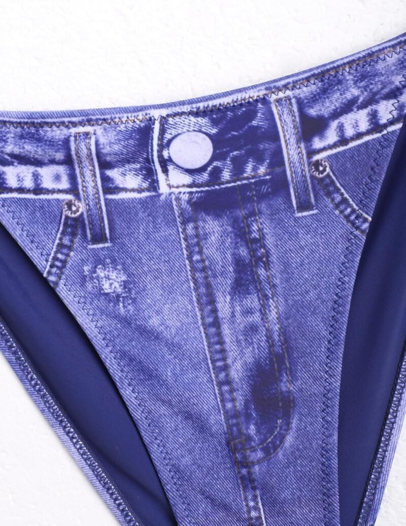ZAFUL Bikini Sets for Women Denim Print Halter Neck Two Piece Swimsuits Sexy Open Back Triangle High Cut Thong Bathing Suit - Image 6