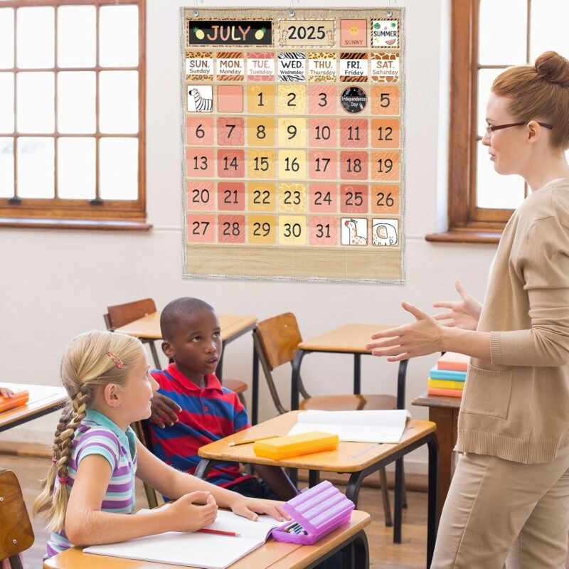 Classroom Calendar Pocket Chart Set Calendar Bulletin Board Set Seasons Festival Weather Pocket Chart for Classroom Decoration Back to School Supplies(Boho Safari) - Image 6