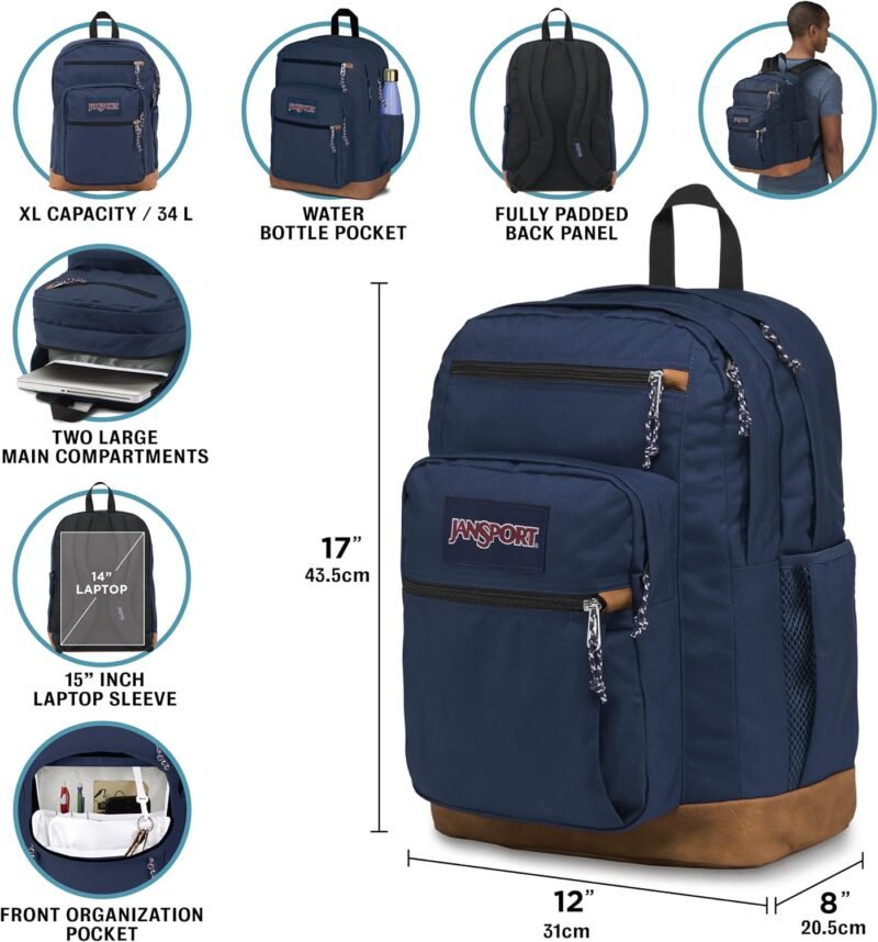 JanSport Cool Backpack, with 15-inch Laptop Sleeve - Large Computer Bag Rucksack with 2 Compartments, Ergonomic Straps, Navy - Image 6