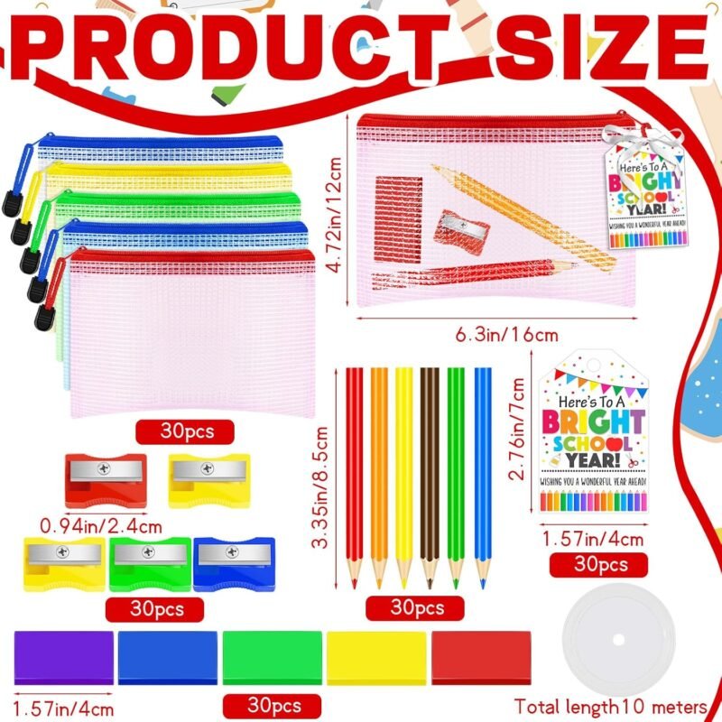 151 Pcs Back to School Gift Include 30 Colorful Pencils 30 Eraser 30 Mesh Zipper Pouch Bags and 30 Pencil Sharpener 30 Sheets Cards Set with Ribbon Stationery Favors for Classroom Exchange Gift - Image 2