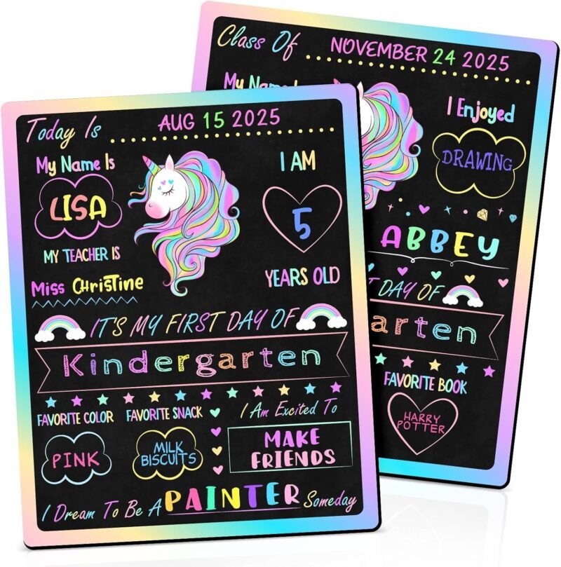 Double Sided First & Last Day of School Chalkboard Sign, 10" x 12" Reusable School Board, Colorful Photo Prop, Teacher Gift, Preschool to 12th Grade(Unicorn)
