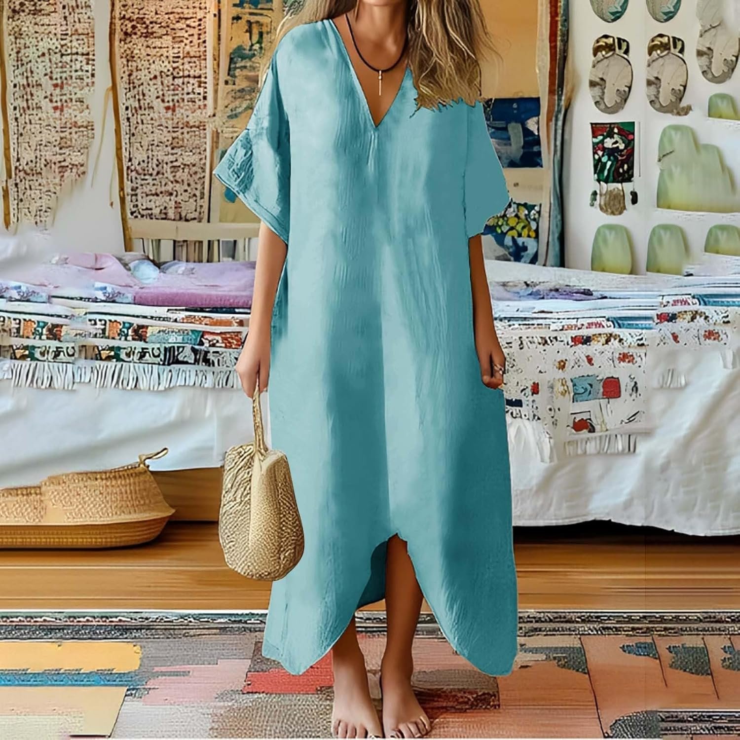 Women's 2025 Linen Casual Dresses Flowy V Neck Short Sleeve Maxi Dress Lightweight Summer Beach Vacation Clothes - Image 4