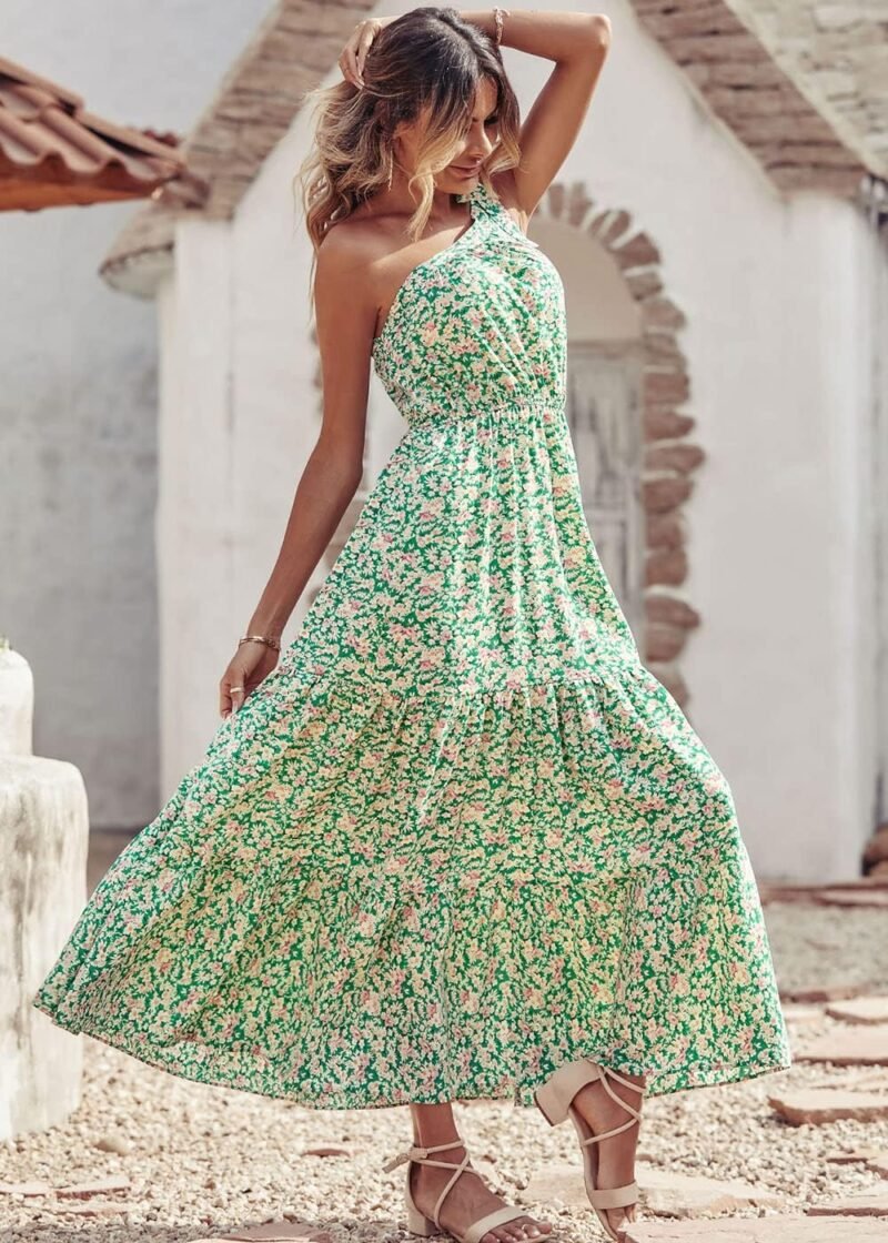 PRETTYGARDEN Women's Summer Floral One Shoulder Maxi Dress Knot Ruffle Boho Beach Vacation Wedding Guest Long Dresses - Image 4