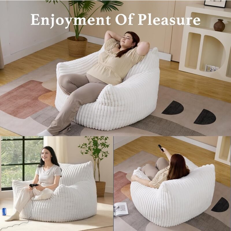 Giant Plush Bean Bag Chair for Adults with Armrests - Oversized Comfy Beige Beanbag Lounge Lazy Floor Sofa Accent Chair for Living Room, Bedroom & Dorm, Cozy Fluffy Single Cloud Mini Couch - Image 7