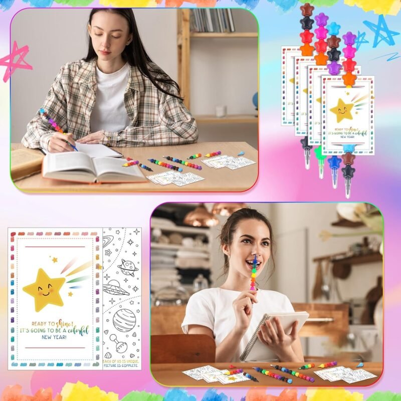 24 Sets Back to School Gifts for Students from Teacher 11 Colors Star Stacking Crayons with Double Sided Coloring Postcard Student Gifts Bulk for Classroom First Day of School Party Favors - Image 5