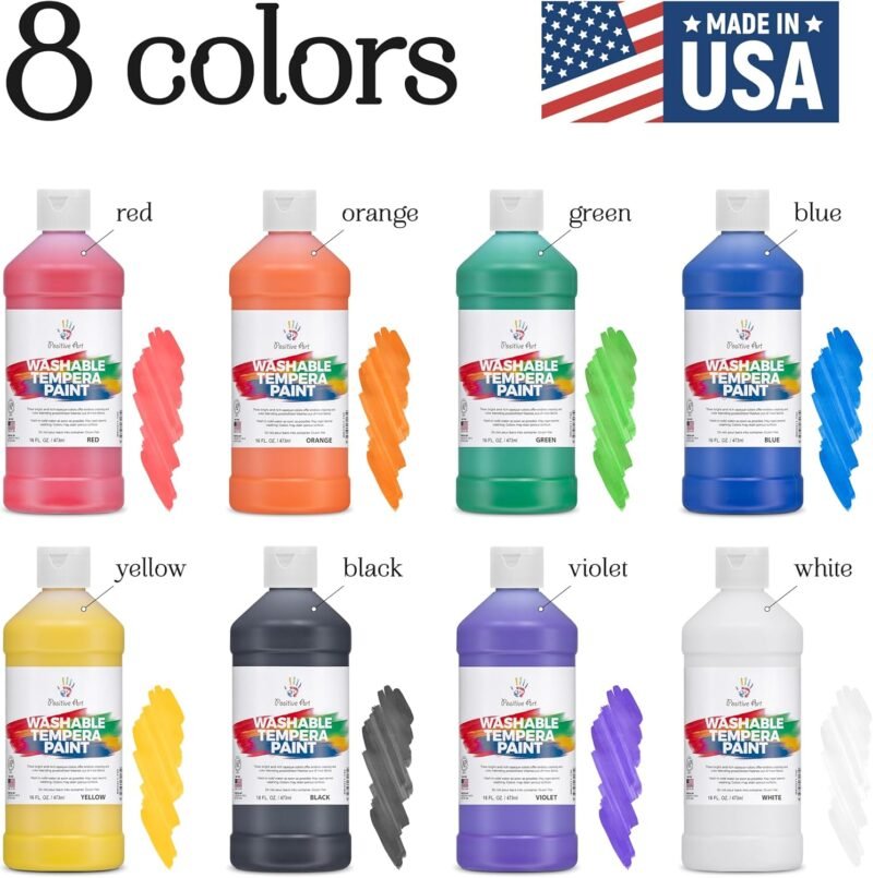 Positive Art Washable Paint for Kids – (8 Colors, 16 oz Each) Made in USA, Non-Toxic Tempera Paint Set – Bulk Classroom Paints for Students, Finger Painting, School Use – 8 Pack - Image 6