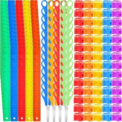 180 Pcs Back to School Supplies Kit Include 60 Clear Plastic Ruler 12 Inch 60 Safety Blunt Tip Student Scissors 60 Miniature Pencil Sharpeners with Cover for Classroom School Office