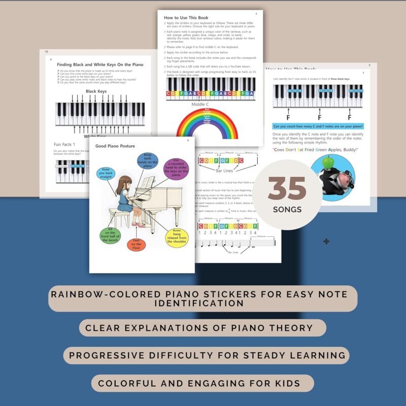 QMG Rainbow Color Piano and Keyboard Sticker and Kids Piano Learning Book Easy to Follow Instructions for Kids, Beginner Piano Book for Children, Easy Piano Sheet Music for Kids - Image 6