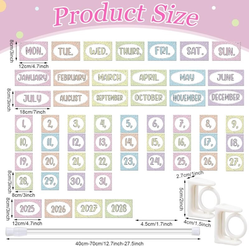 TecUnite Pastel Calendar Bulletin Board Set Girl Style Classroom Bulletin Board Decor 54 Date Cards Colorful Pastel Flip Calendar with Adjustable Holder for Back to School Supplies, Years 2025-2028 - Image 2