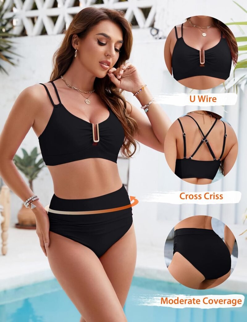 BMJL Womens High Waisted Bikini Sets Modest Tummy Control Swimsuits Cutout Crisscross Ruched Two Piece Bathing Suit - Image 2