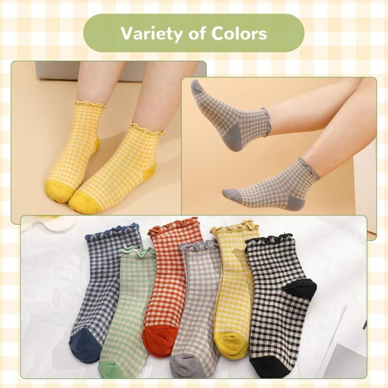 6 Pairs Women Ruffle Socks Striped Frilly Socks, Women Cute Socks Checkered Socks Ankle Socks for Women Cotton Knit Casual Crew Socks Size 5-9, Medium - Image 5