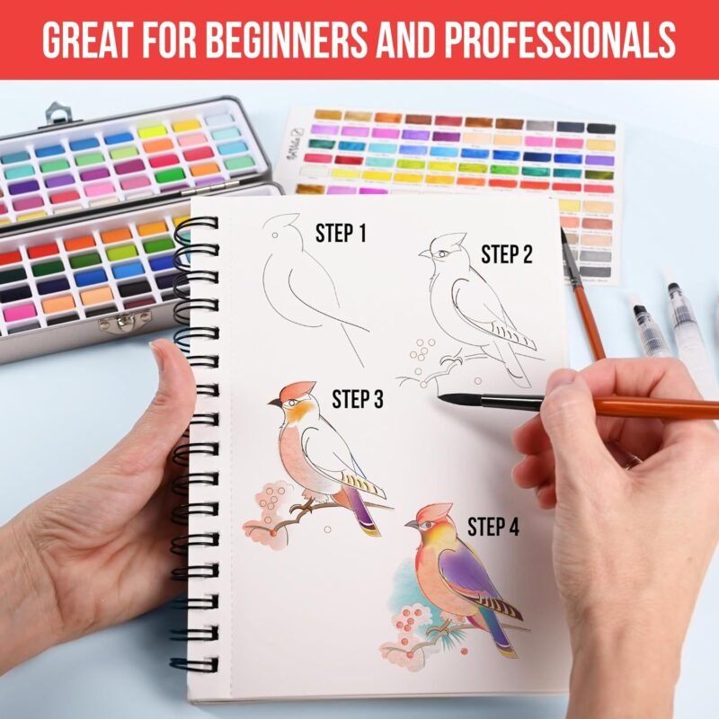 Watercolor Paint Set with 100 Bright Colors: for Adult Beginners & Professional with Metallic - Travel Sized Water Color Art Kit Palette - Image 3