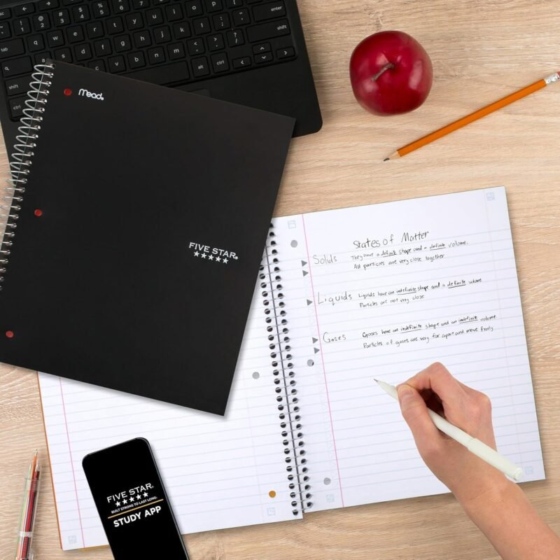 Five Star Spiral Notebook + Study App, 5 Subject, Wide Ruled Paper, 8" x 10-1/2", 200 Sheets, Fights Ink Bleed, Water Resistant Cover, Black (72045) - Image 8