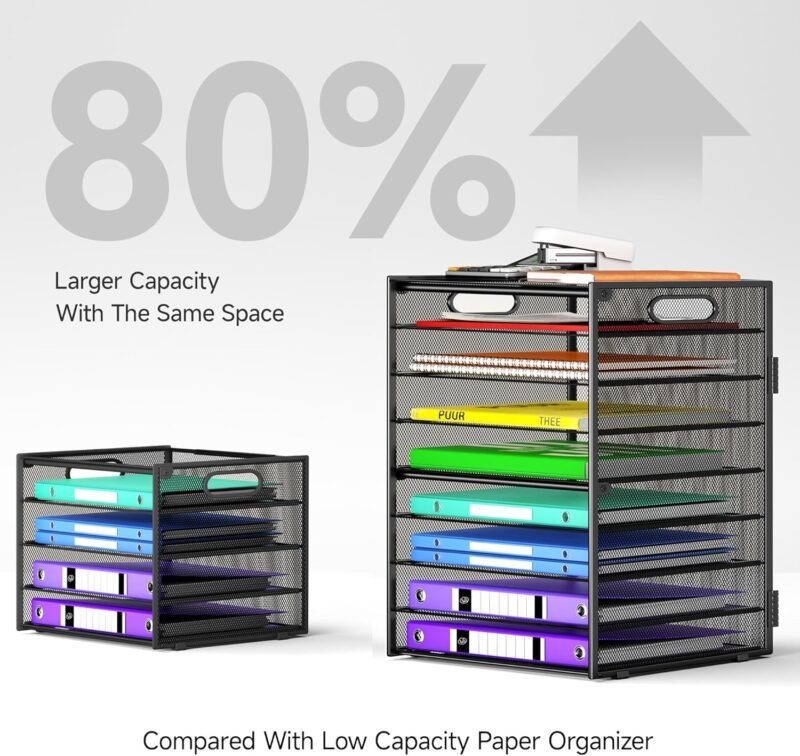 9 Tier Paper Organizer with Handle, Large Capacity Desk Organizer Mesh File Folder Letter Paper Tray Desktop Document Sorter for Classroom, School, and Office Accessories Organization- Black - Image 3