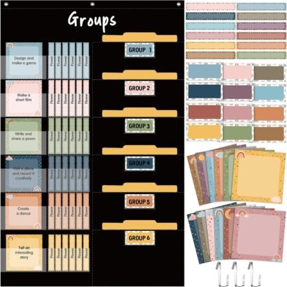 Pasimy Small Group Management Pocket Chart with 96 Cards Boho Classroom Jobs Chart Small Group Organizer and on Task for Elementary Middle High School Classroom Teacher Must Haves Supplies