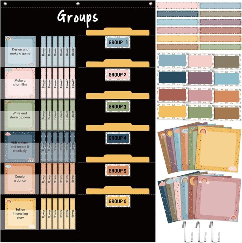 Pasimy Small Group Management Pocket Chart with 96 Cards Boho Classroom Jobs Chart Small Group Organizer and on Task for Elementary Middle High School Classroom Teacher Must Haves Supplies