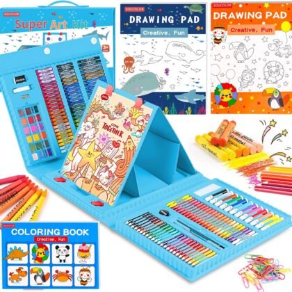 Arts and Crafts for Kids Teens Girls Boys Ages 4, 6, 8, 10, 12, Soucolor 283 Pieces Drawing Set Art Kits with Trifold Easel, 2 Drawing Pads, 1 Kids Activity Coloring Book, Crayons, Pastels, Watercolor