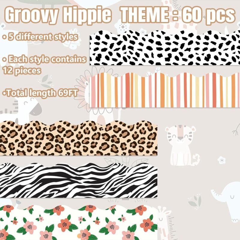 69Ft Safari Bulletin Board Borders Wildflower Leopard Zebra Print Decoration Borders Trim Border Boho Bulletin Board Sticker for School Classroom Office Decor, Each 13.8In - Image 3