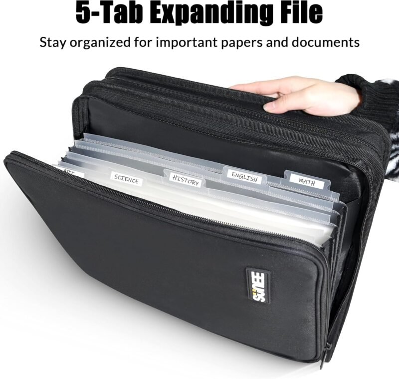 SUNEE Zippered Binder Bag with Handle, 2-Inch 3-Ring O-Ring, 500-Sheet Capacity, Includes Zip Pocket, 5-Tab Expanding File Folder, Multi-Pocket Organizer Binder Suitable for Middle School, Black - Image 2