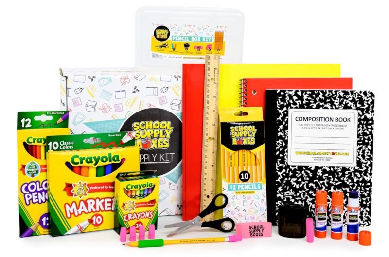 Back to School Supply Box Grades K-5 - School Supply Boxes - 32 Piece School Supplies Kit Includes Markers, Crayons, Pencils, Scissors, Folders, Glue Sticks, Notebook, and Composition Book - Image 2