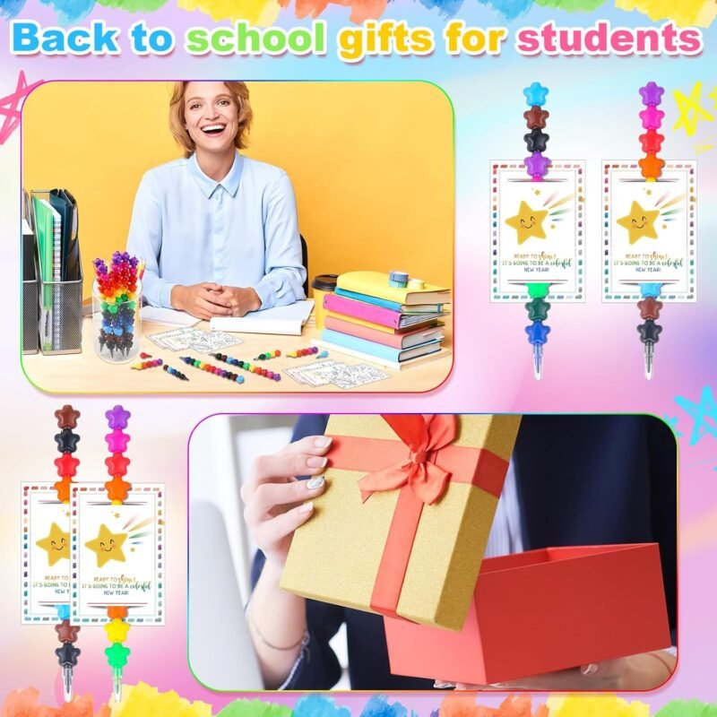 24 Sets Back to School Gifts for Students from Teacher 11 Colors Star Stacking Crayons with Double Sided Coloring Postcard Student Gifts Bulk for Classroom First Day of School Party Favors - Image 6