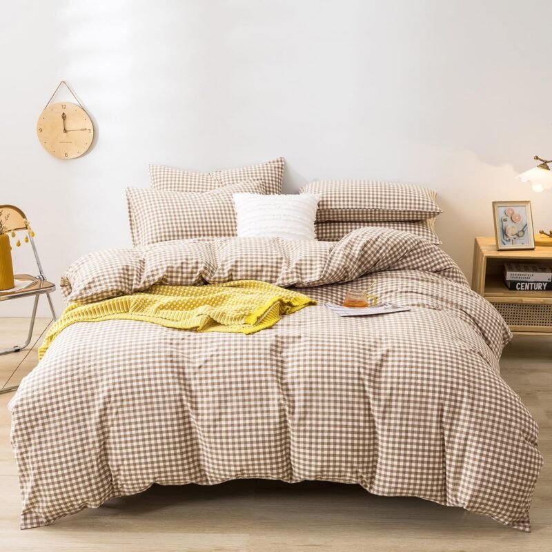 mixinni Tan Gingham Comforter Set Full, Plaid Comforter Set 3 Pieces 1 Beige Grid Comfoter with 2 Pillow Cases for All Seasons, Soft Fluffy Modern Grid Pattern Printed Bedding-Full Size - Image 2