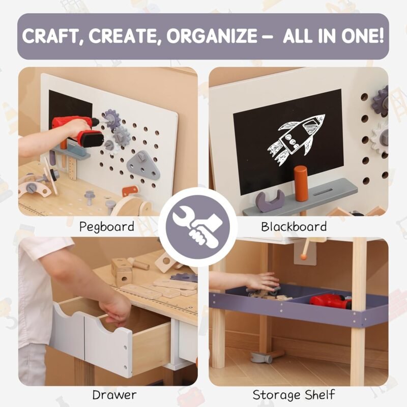 Wooden Kids Tool Bench with Electric Drill, Toddler Tool Bench with Storage Drawers and Platform, Toy Workbench Workshop with Play Tools Set for Boys and Girls, Perfect for Ages 3+ - Image 2
