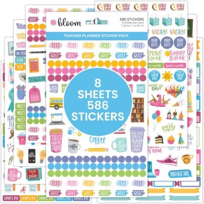 bloom daily planners New Teacher Planner Sticker Pack - School Themed Planning Stickers for Teachers, Educators, Homeschoolers, etc.- 8 Sheets/586 Stickers per Pack!
