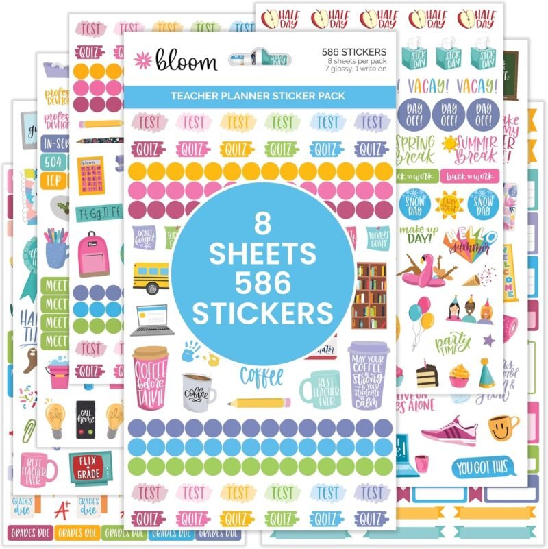 bloom daily planners New Teacher Planner Sticker Pack - School Themed Planning Stickers for Teachers, Educators, Homeschoolers, etc.- 8 Sheets/586 Stickers per Pack!