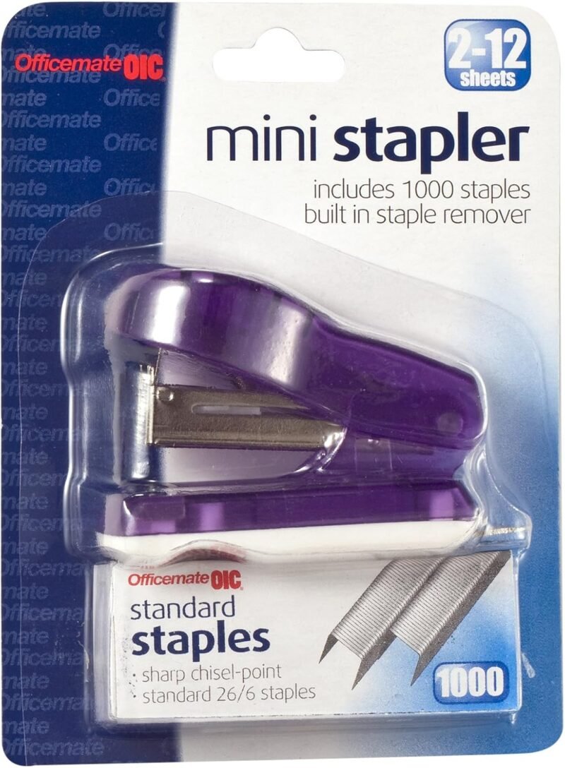 Officemate Mini Stapler with 1000 Standard Staples, Comes in Assorted Colors - Red/Blue/Green/Purple (97753)