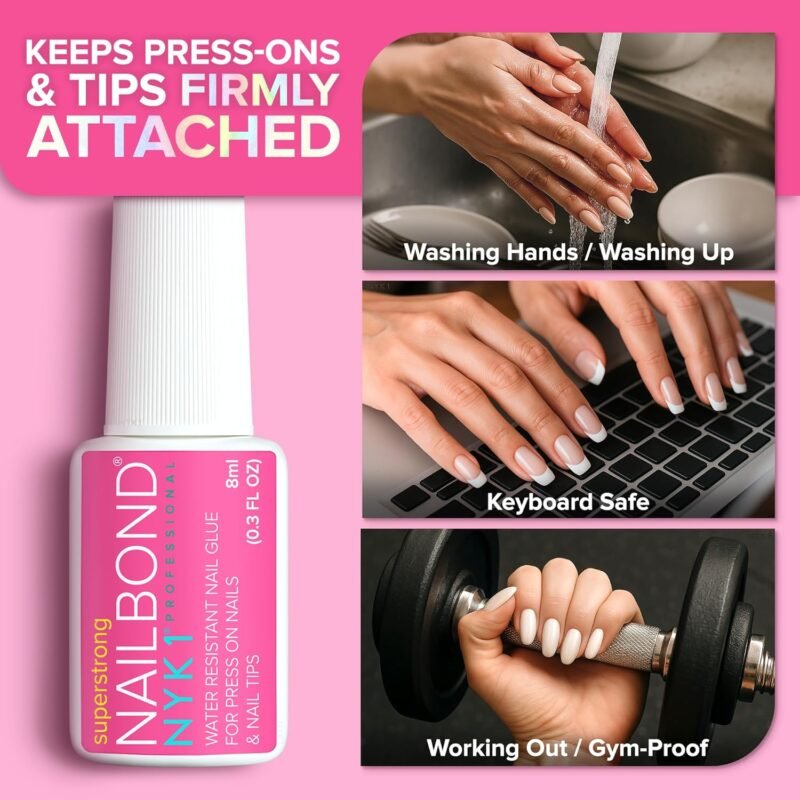 Super Strong Nail Glue for Press On Nails, Nail Tips & Acrylic Nails (8ml) NYK1 NailBond Brush On Glue for Press Ons, Tips & Acrylics - Long Lasting, Maximum Strength, Mess-Free Application - Image 7