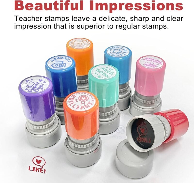 Round Teacher Stamps for Grading Classroom, Set of 8 Color Rubber Teacher Self-Inking Stamp Set for Homework Teacher Supplies - Image 6