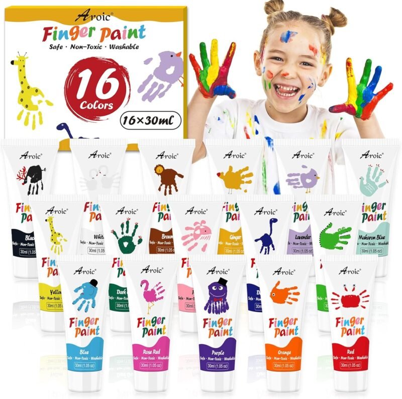 AROIC 16Colors Kids Washable Finger Paint, Non-Toxic, Art Painting Supplies for Toddlers, Finger Painting Supplies for Kids, Hand Paint Set DIY Crafts