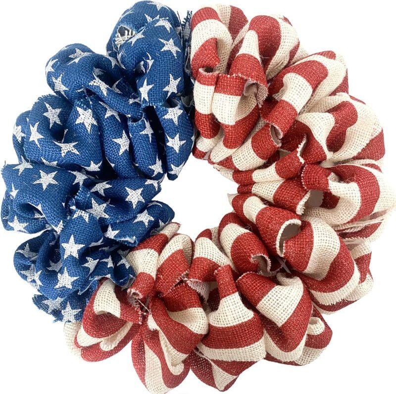 13 Inch Patriotic Burlap Wreath, 4th of July Summer Burlap Stripe and Stars Printed Wreath for The Front Door, Handcrafted Memorial Day American Flag Printed Home Decor for Indoor and Outdoor